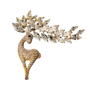 Gold Tone Crystal Reindeer Brooch Christmas